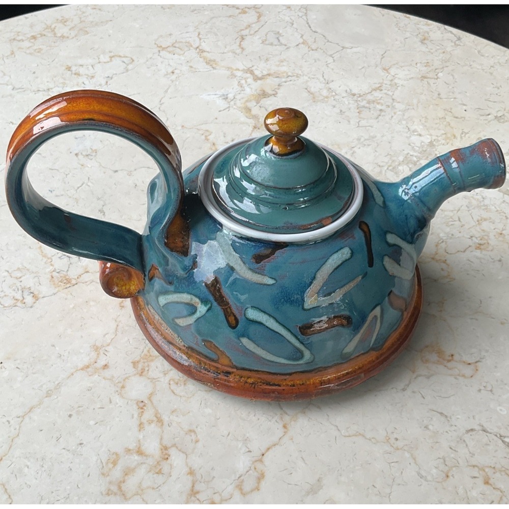 Vintage Bulgarian Stoneware Teapot Clay Pottery Glaze turquois fancy Tea Pot